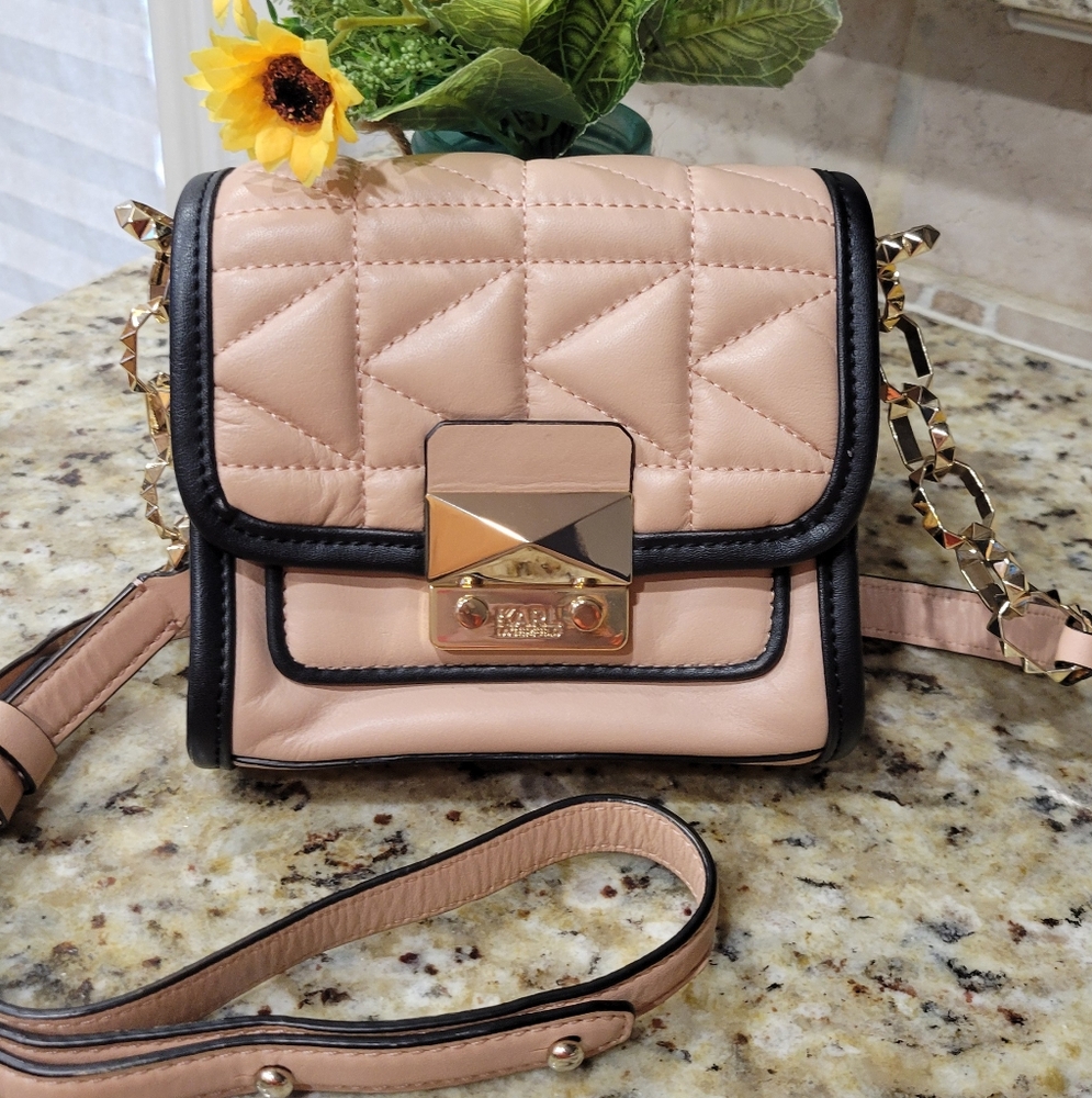 Karl Lagerfeld Pink Quilted Crossbody Bag With Black Trim